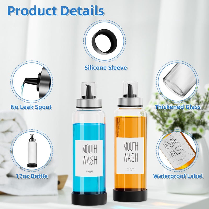 VITVITI Mouthwash Dispenser for Bathroom, Glass Mouth Wash Container with Cup Lid, 17OZ Clear Refillable Mouthwash Bottle Decanter with Silicone Pad/Labels, Set of 2 - Image 5